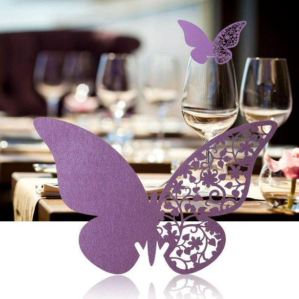 40x Lilac butterfly name place invitation cards wedding party glass decoration
